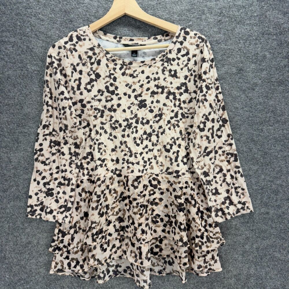 Simply Vera Vera Wang Blouse Women M Medium Beige Animal Print 3/4 Sleeve Cotton